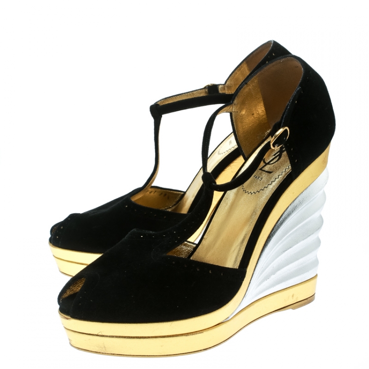 Pre Owned Saint Laurent Paris Black Suede Peep Toe Wedge Platform Sandals Size 39.5
