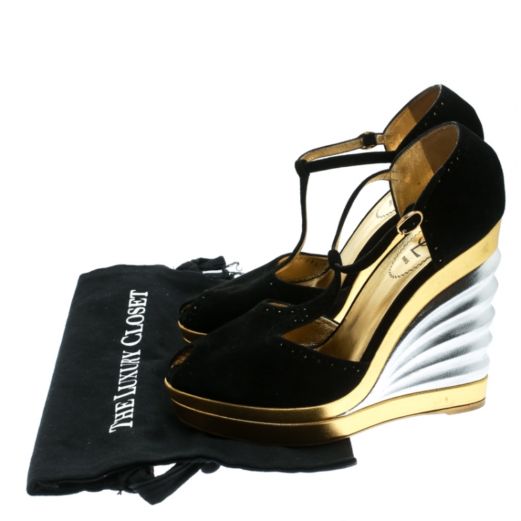 Pre Owned Saint Laurent Paris Black Suede Peep Toe Wedge Platform Sandals Size 39.5