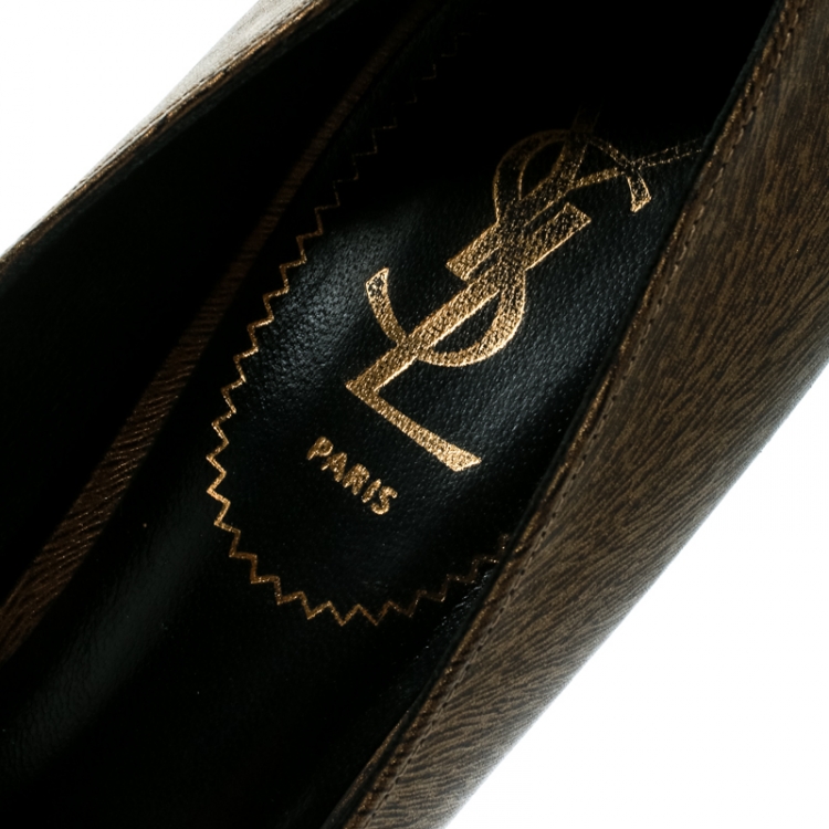 مملوكة مسبقًا Saint Laurent Paris Khaki Green Textured Leather Tribtoo Platform Pumps Size 38