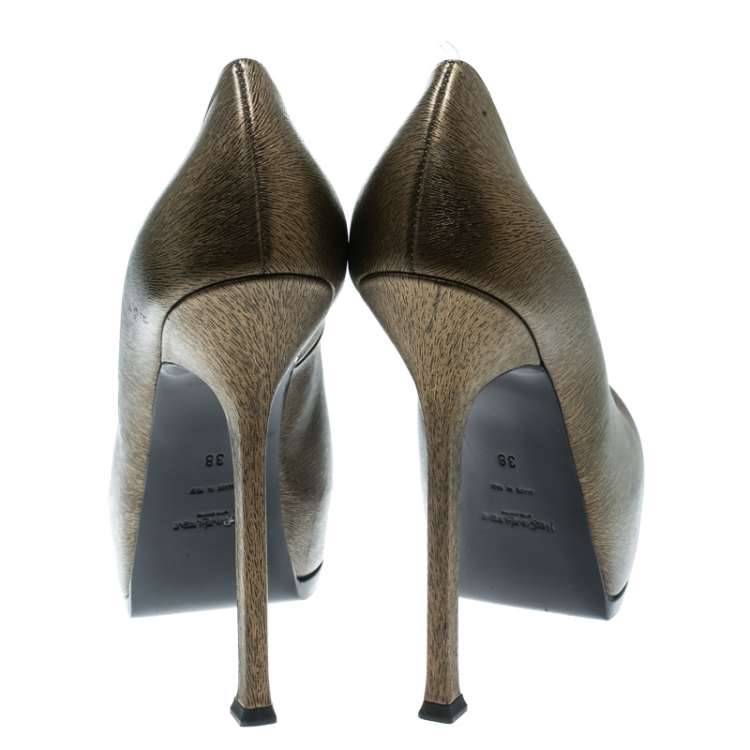 مملوكة مسبقًا Saint Laurent Paris Khaki Green Textured Leather Tribtoo Platform Pumps Size 38