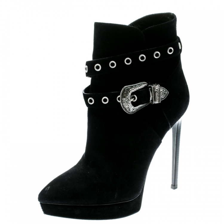 Pre Owned Saint Laurent Paris Black Suede Duckiess Eyelet Detail Ankle Booties Size 40