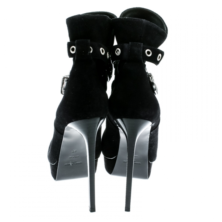 Pre Owned Saint Laurent Paris Black Suede Duckiess Eyelet Detail Ankle Booties Size 40