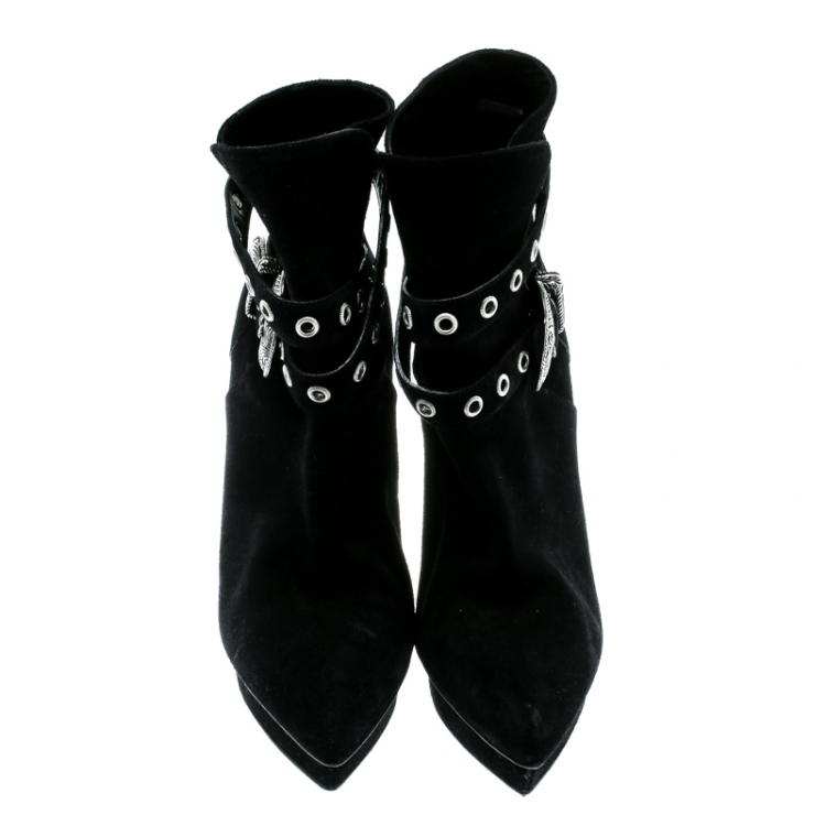 Pre Owned Saint Laurent Paris Black Suede Duckiess Eyelet Detail Ankle Booties Size 40