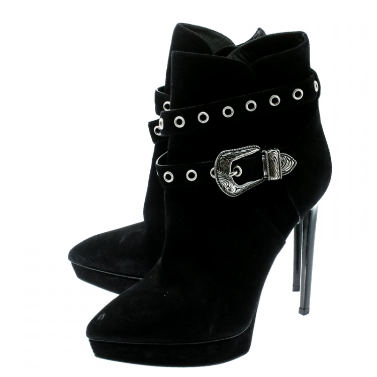 Pre Owned Saint Laurent Paris Black Suede Duckiess Eyelet Detail Ankle Booties Size 40