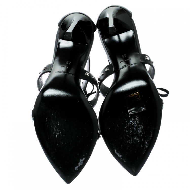 Pre Owned Saint Laurent Paris Black Leather Iris Studded Ankle Strap Sandals Size 38