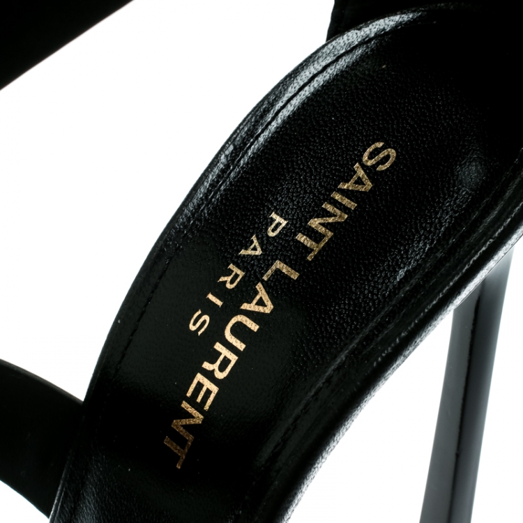 Pre Owned Saint Laurent Paris Black Leather Iris Studded Ankle Strap Sandals Size 38