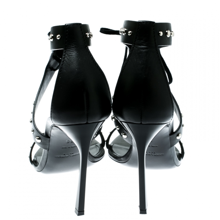 Pre Owned Saint Laurent Paris Black Leather Iris Studded Ankle Strap Sandals Size 38