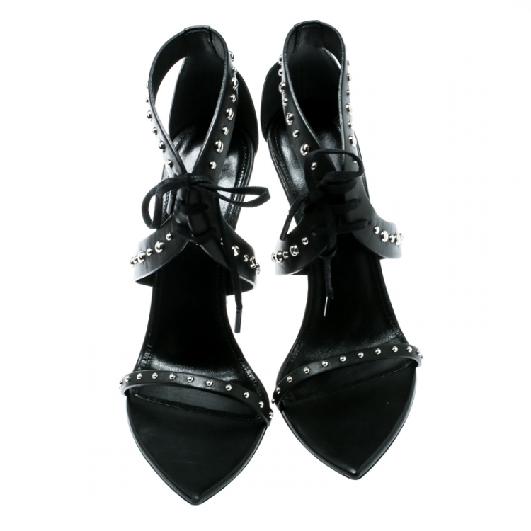 Pre Owned Saint Laurent Paris Black Leather Iris Studded Ankle Strap Sandals Size 38