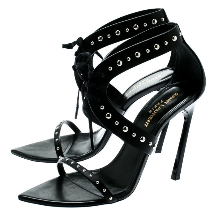 Pre Owned Saint Laurent Paris Black Leather Iris Studded Ankle Strap Sandals Size 38