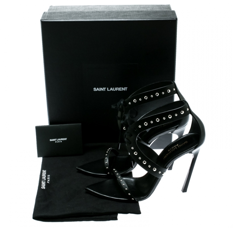 Pre Owned Saint Laurent Paris Black Leather Iris Studded Ankle Strap Sandals Size 38