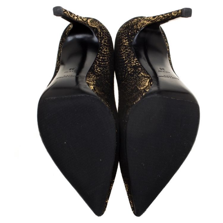 Pre Owned Saint Laurent Paris Metallic Gold And Textured Black Suede Pointed Toe Pumps Size 38
