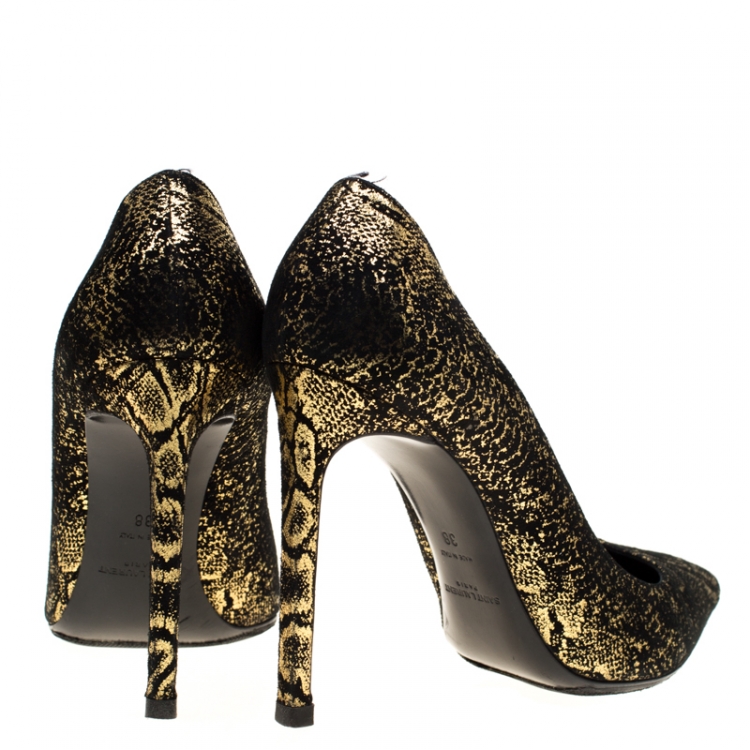 Pre Owned Saint Laurent Paris Metallic Gold And Textured Black Suede Pointed Toe Pumps Size 38
