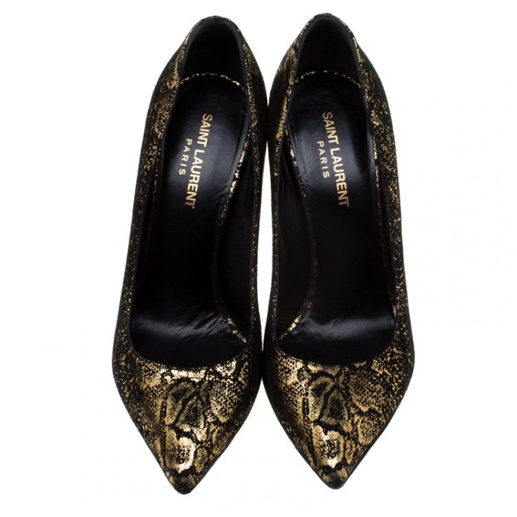 Pre Owned Saint Laurent Paris Metallic Gold And Textured Black Suede Pointed Toe Pumps Size 38