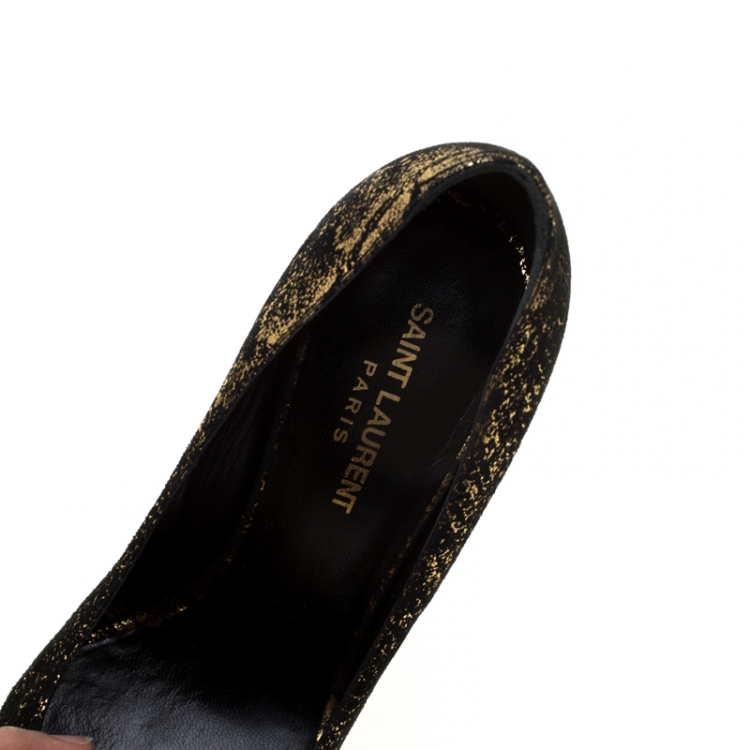 Pre Owned Saint Laurent Paris Metallic Gold And Textured Black Suede Pointed Toe Pumps Size 38