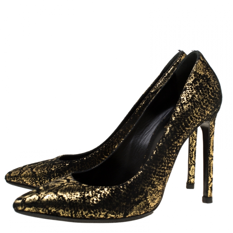 Pre Owned Saint Laurent Paris Metallic Gold And Textured Black Suede Pointed Toe Pumps Size 38