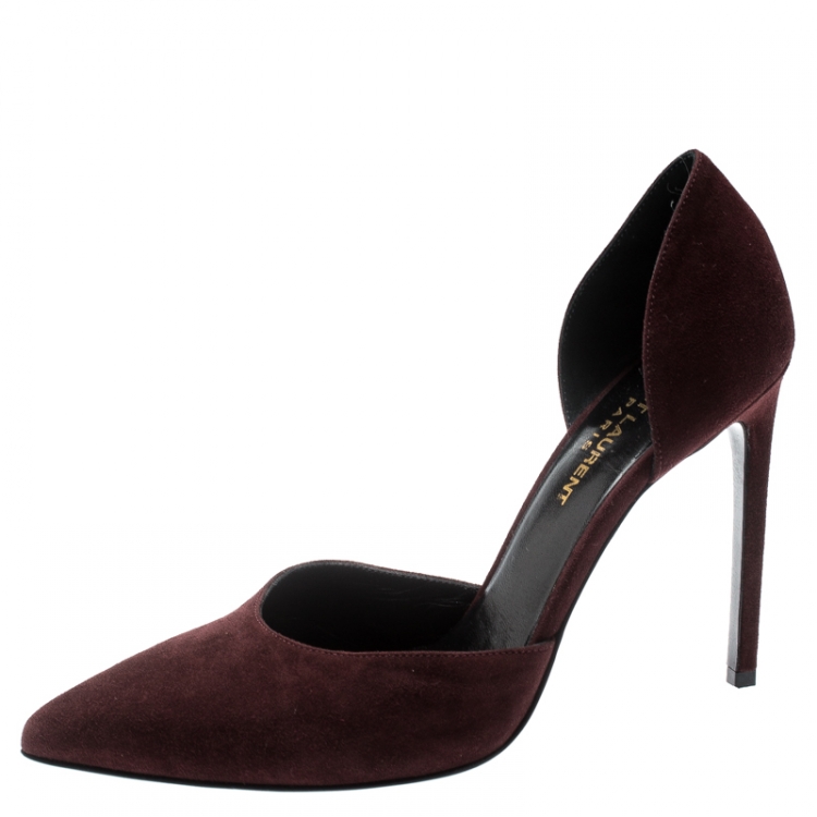 Pre Owned Saint Laurent Paris Burgundy Suede D'orsay Pointed Toe Pumps Size 37