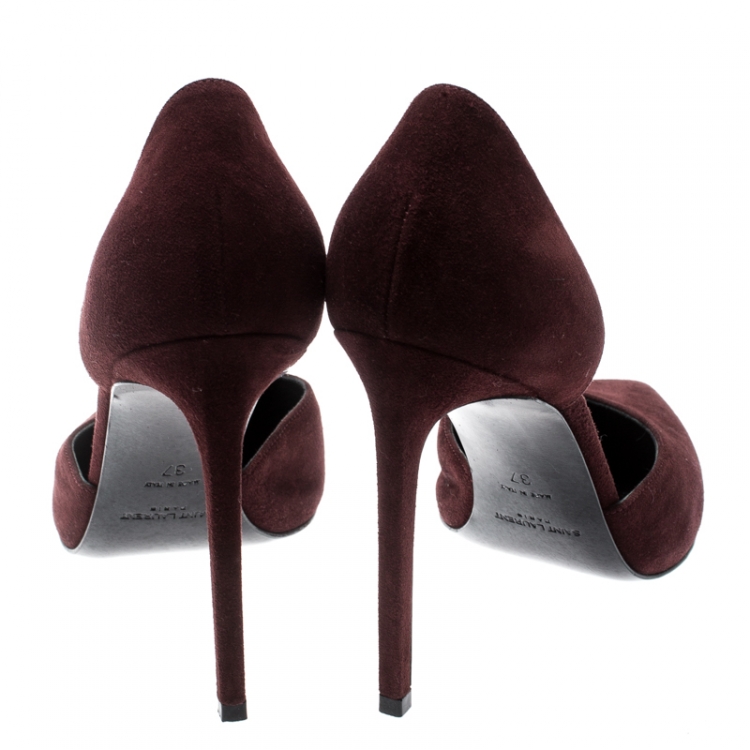 Pre Owned Saint Laurent Paris Burgundy Suede D'orsay Pointed Toe Pumps Size 37