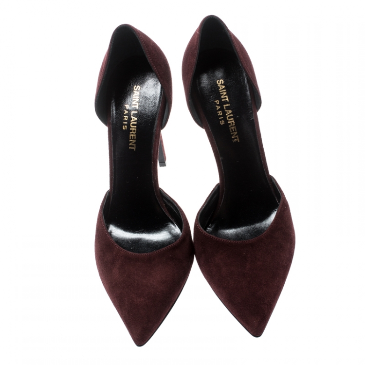 Pre Owned Saint Laurent Paris Burgundy Suede D'orsay Pointed Toe Pumps Size 37