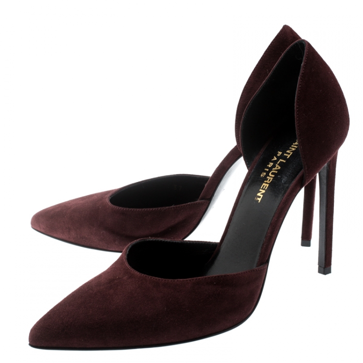 Pre Owned Saint Laurent Paris Burgundy Suede D'orsay Pointed Toe Pumps Size 37
