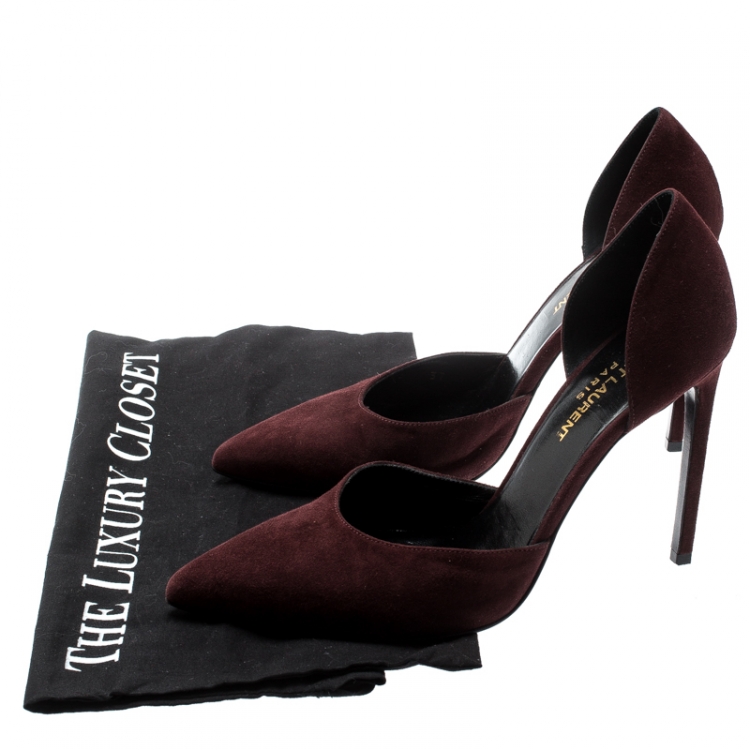 Pre Owned Saint Laurent Paris Burgundy Suede D'orsay Pointed Toe Pumps Size 37