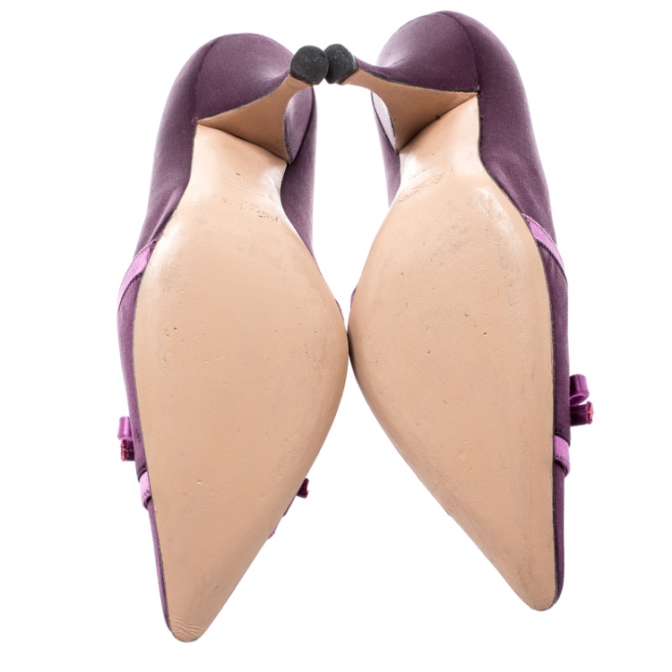 Pre Owned Saint Laurent Paris Purple Satin Bow Pointed Toe Pumps Size 38
