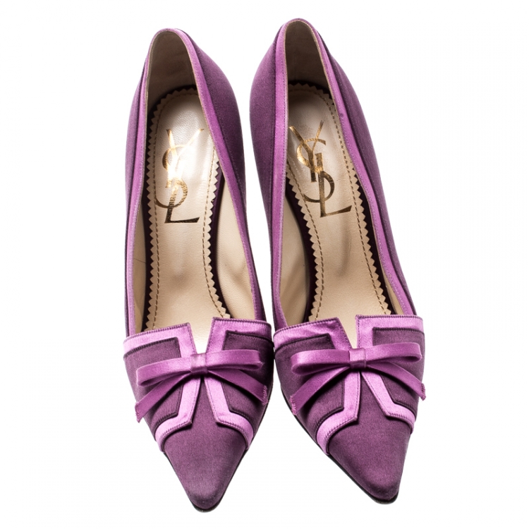 Pre Owned Saint Laurent Paris Purple Satin Bow Pointed Toe Pumps Size 38