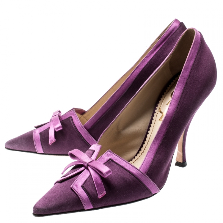 Pre Owned Saint Laurent Paris Purple Satin Bow Pointed Toe Pumps Size 38