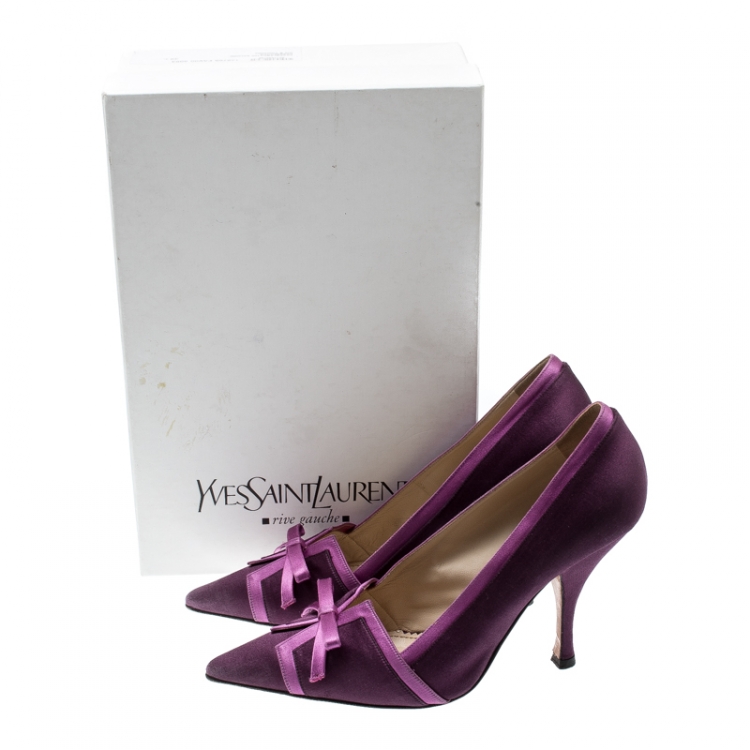 Pre Owned Saint Laurent Paris Purple Satin Bow Pointed Toe Pumps Size 38