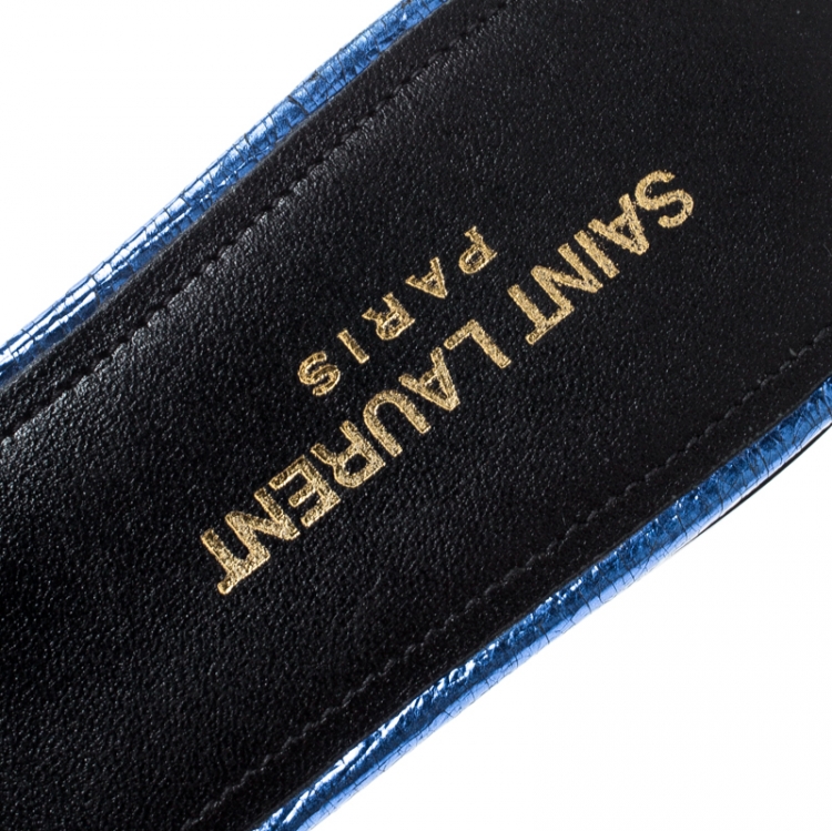 Pre Owned Saint Laurent Paris Metallic Blue Textured Leather Tribute Flat Slides Size 39