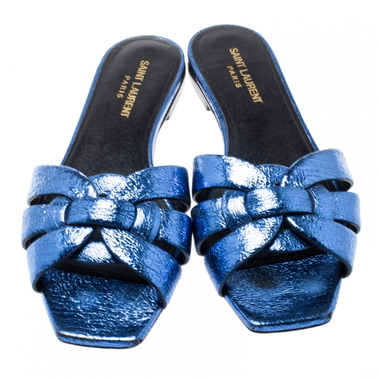 Pre Owned Saint Laurent Paris Metallic Blue Textured Leather Tribute Flat Slides Size 39