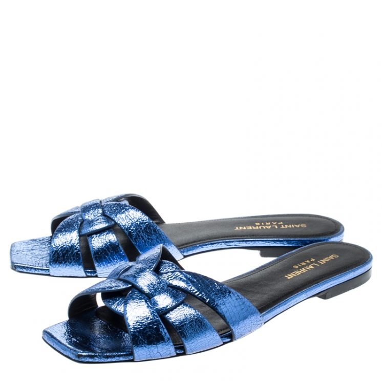 Pre Owned Saint Laurent Paris Metallic Blue Textured Leather Tribute Flat Slides Size 39
