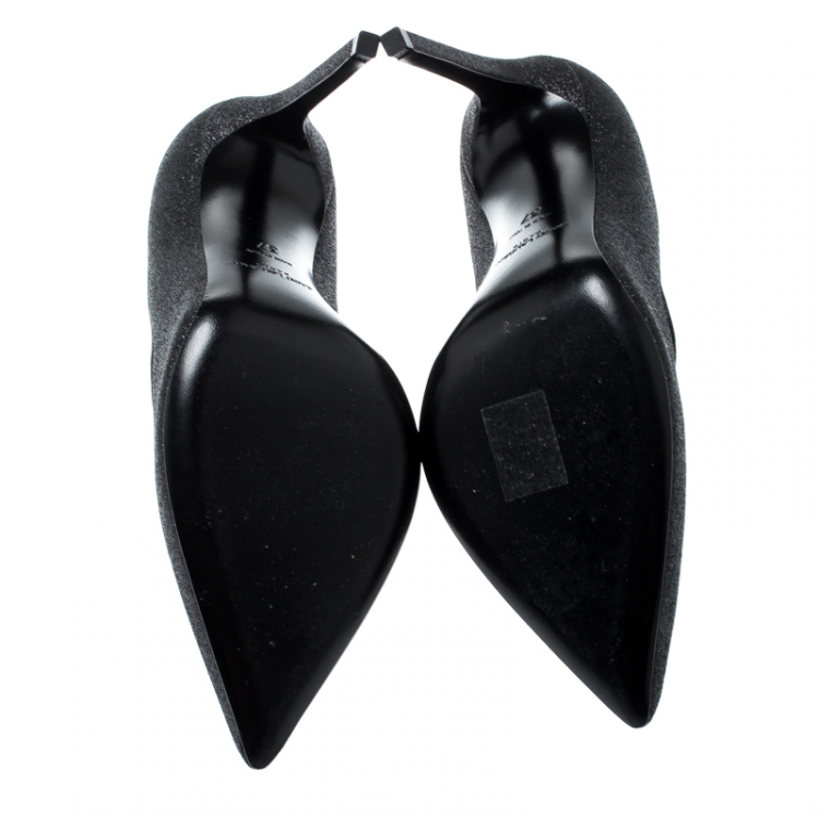 Pre Owned Saint Laurent Paris Black Glitter And Leather Trim Skinny Pointed Toe Pumps Size 37