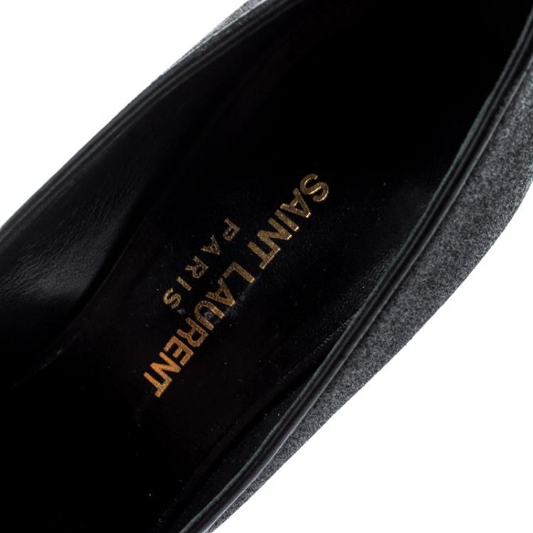 Pre Owned Saint Laurent Paris Black Glitter And Leather Trim Skinny Pointed Toe Pumps Size 37