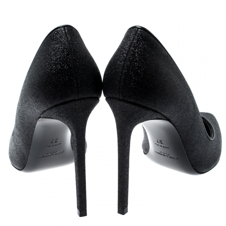 Pre Owned Saint Laurent Paris Black Glitter And Leather Trim Skinny Pointed Toe Pumps Size 37