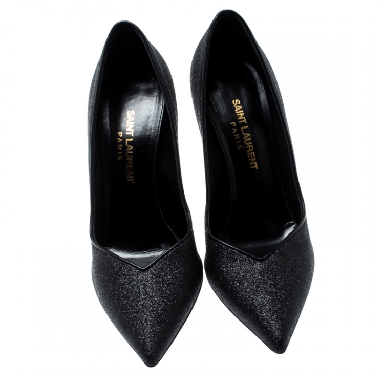 Pre Owned Saint Laurent Paris Black Glitter And Leather Trim Skinny Pointed Toe Pumps Size 37