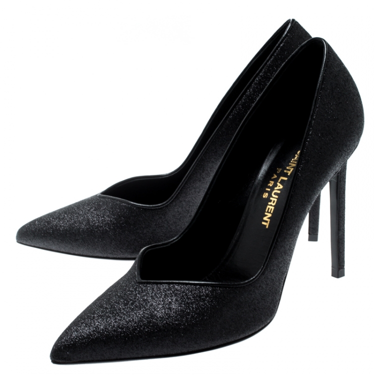 Pre Owned Saint Laurent Paris Black Glitter And Leather Trim Skinny Pointed Toe Pumps Size 37
