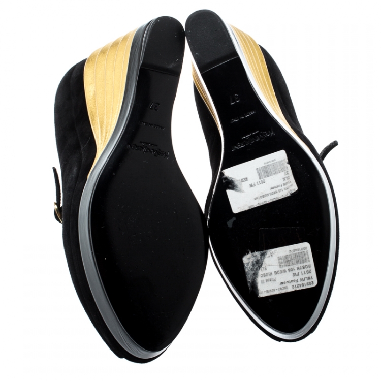 Pre Owned Saint Laurent Paris Black Suede Maggy Mary Jane Peep Toe Wedge Platform Sandals Size 37