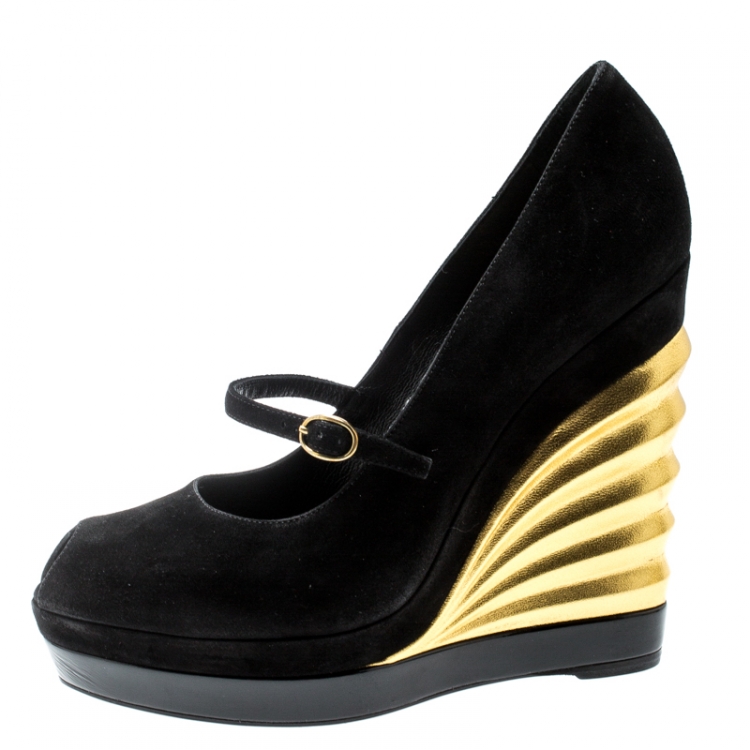 Pre Owned Saint Laurent Paris Black Suede Maggy Mary Jane Peep Toe Wedge Platform Sandals Size 37