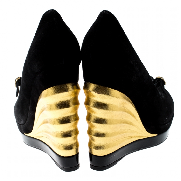 Pre Owned Saint Laurent Paris Black Suede Maggy Mary Jane Peep Toe Wedge Platform Sandals Size 37