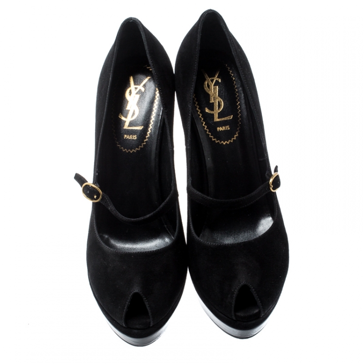 Pre Owned Saint Laurent Paris Black Suede Maggy Mary Jane Peep Toe Wedge Platform Sandals Size 37