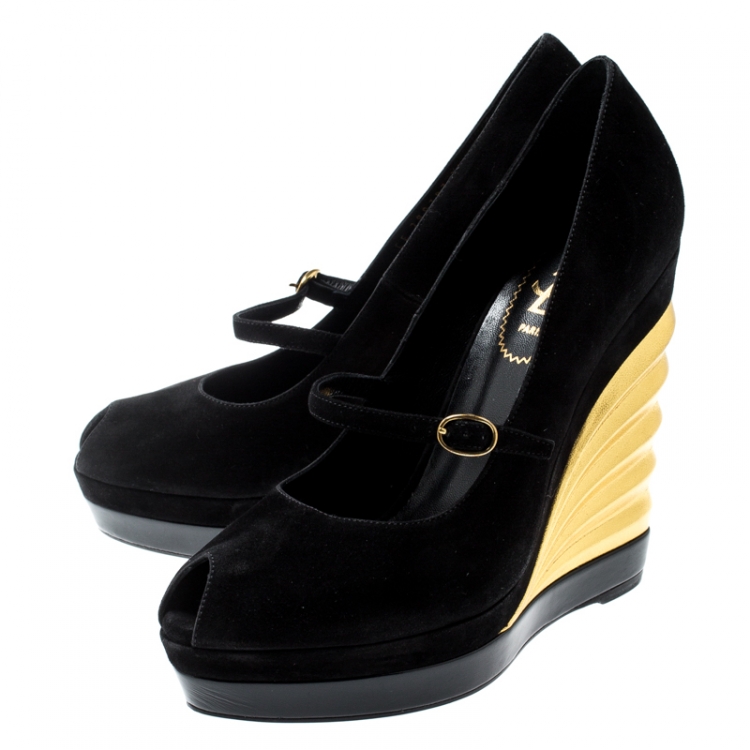 Pre Owned Saint Laurent Paris Black Suede Maggy Mary Jane Peep Toe Wedge Platform Sandals Size 37