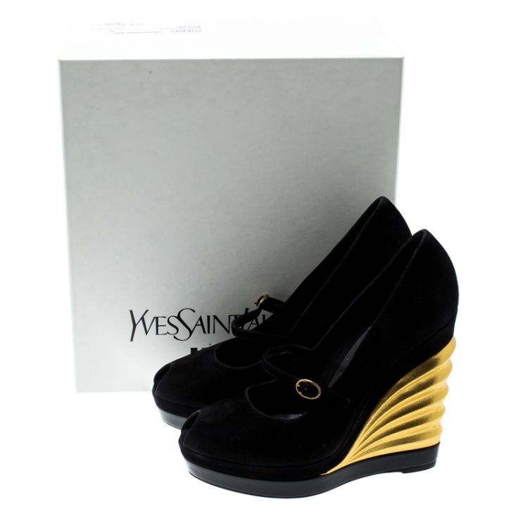 Pre Owned Saint Laurent Paris Black Suede Maggy Mary Jane Peep Toe Wedge Platform Sandals Size 37