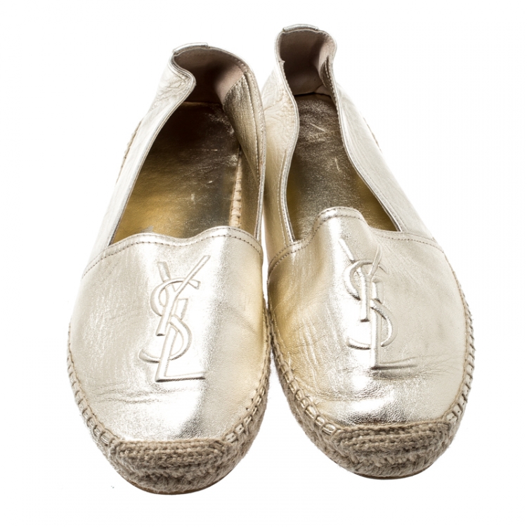 Pre Owned Saint Laurent Paris Metallic Gold Leather Logo Espadrilles Size 40
