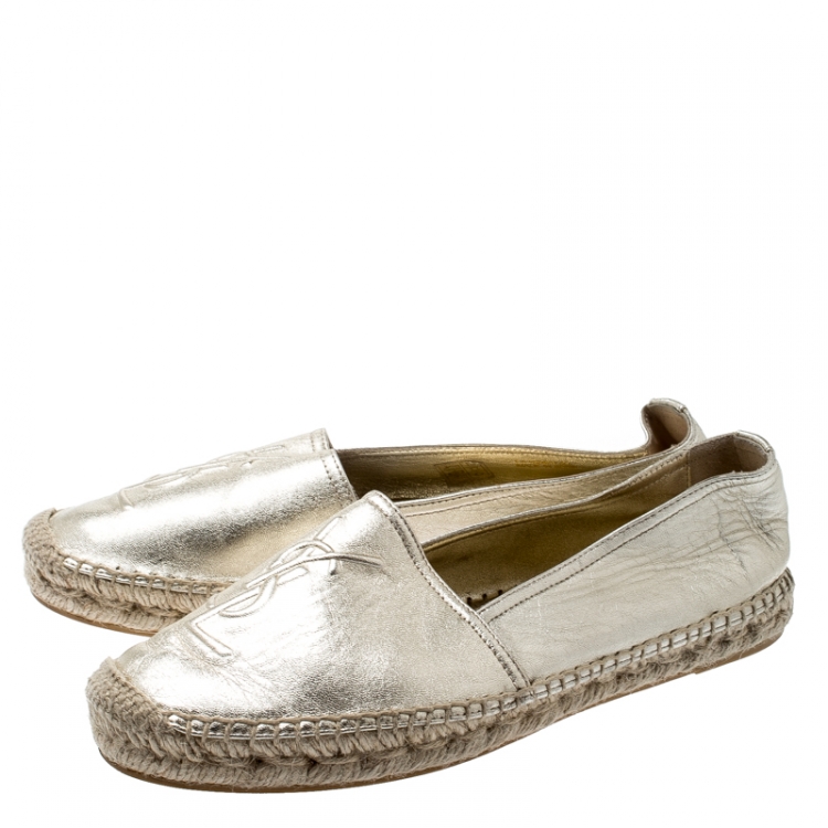 Pre Owned Saint Laurent Paris Metallic Gold Leather Logo Espadrilles Size 40