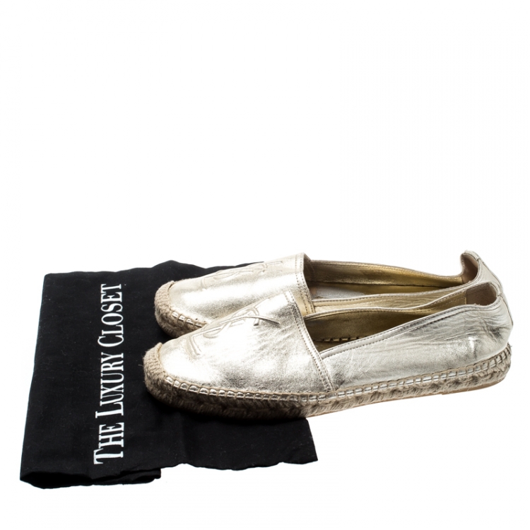 Pre Owned Saint Laurent Paris Metallic Gold Leather Logo Espadrilles Size 40