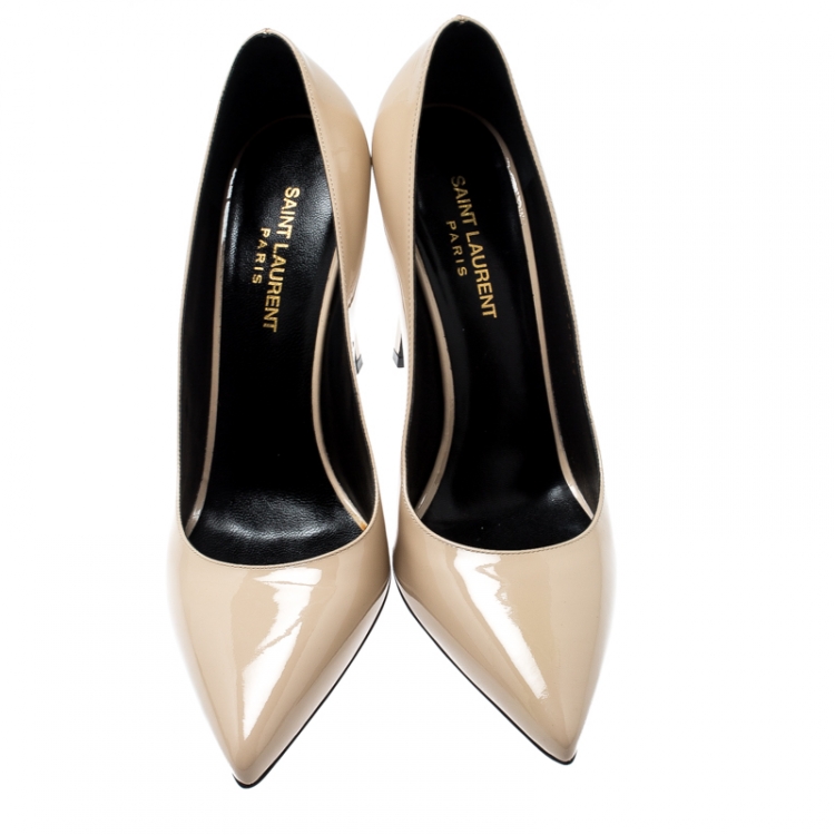 Pre Owned Saint Laurent Paris Beige Patent Leather Paris Skinny Pointed Toe Pumps Size 39