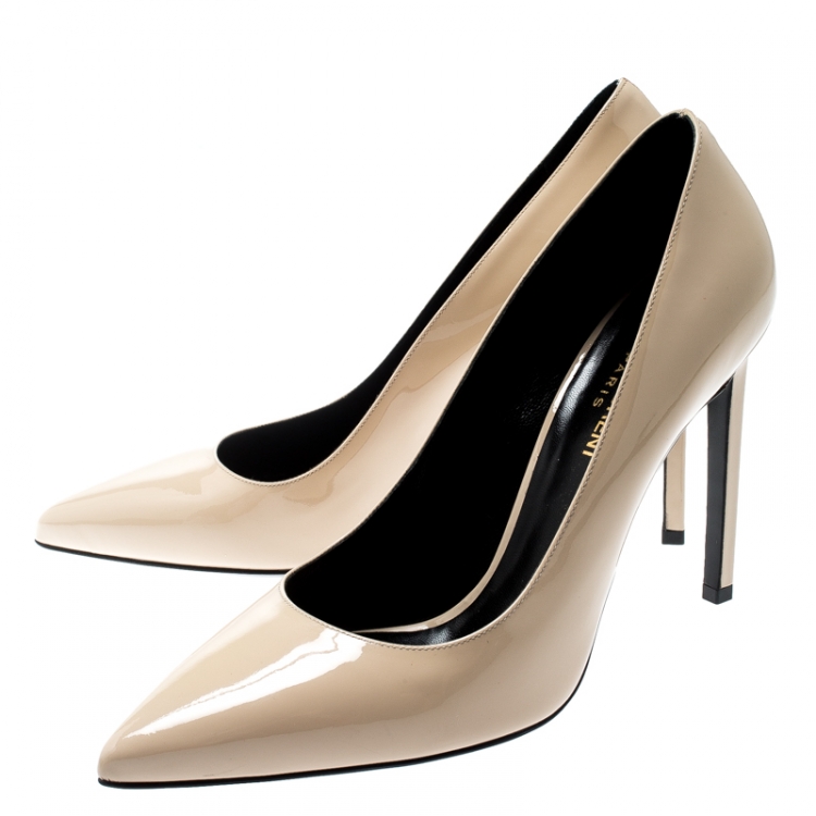 Pre Owned Saint Laurent Paris Beige Patent Leather Paris Skinny Pointed Toe Pumps Size 39
