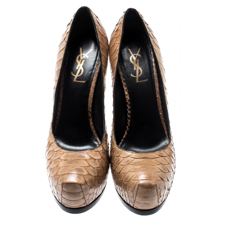 Pre Owned Saint Laurent Paris Beige Python Leather Tribtoo Platform Pumps Size 37