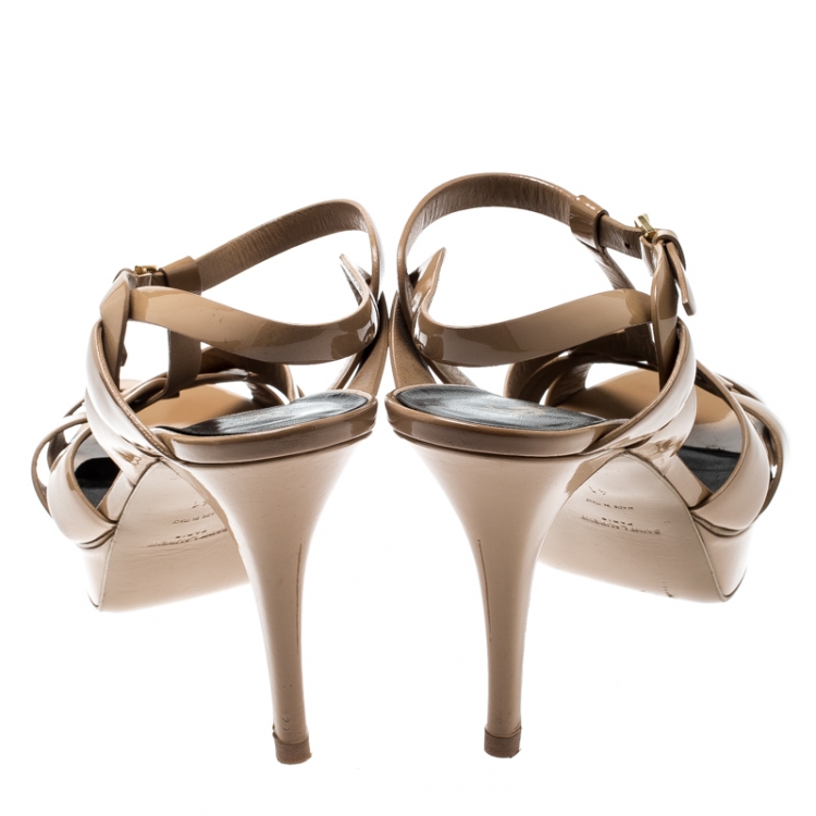 Pre Owned Saint Laurent Paris Beige Patent Leather Tribute Platform Sandals Size 41