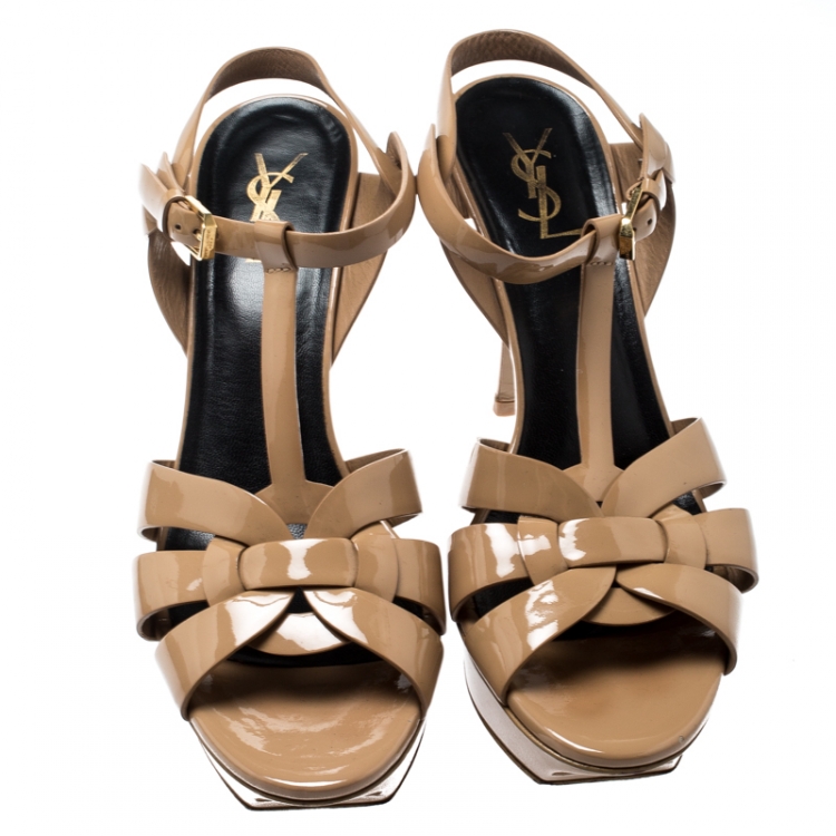 Pre Owned Saint Laurent Paris Beige Patent Leather Tribute Platform Sandals Size 41